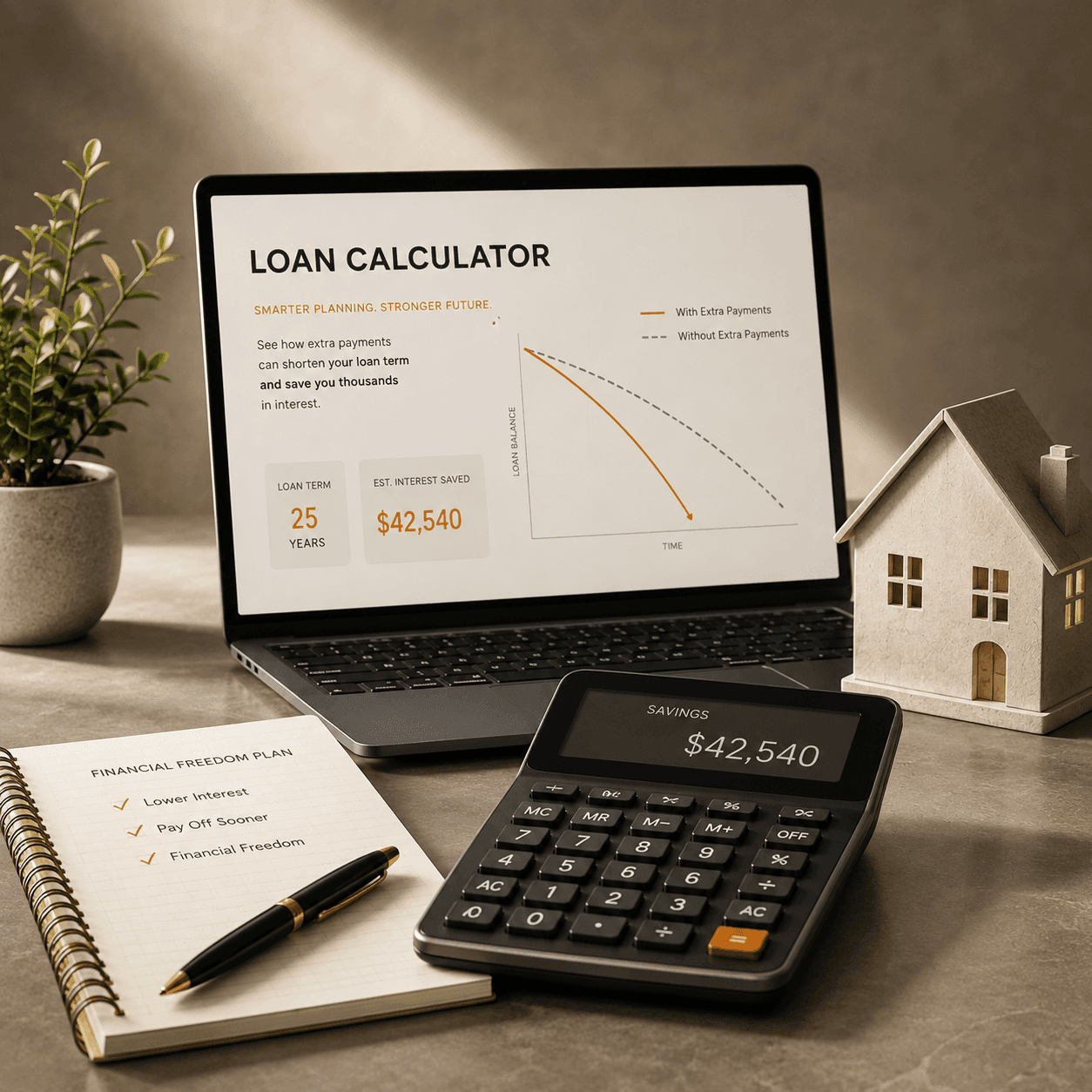 Loan calculator displayed on a laptop alongside a calculator, financial planning notebook, miniature house and coins on a desk.
